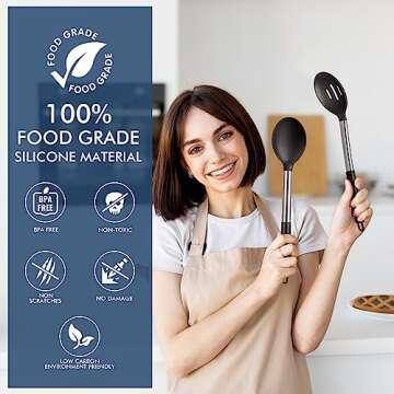 HOTEC Heat Resistant Large Silicone Cooking Spoon, Solid Slotted Spoons, Nonstick Kitchen Cookware Utensils, Mixing, Serving, Stiring Large Spoons, Black