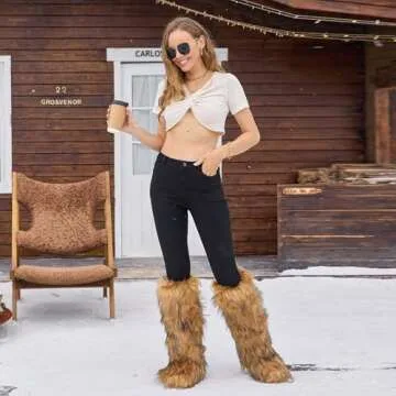CEPEPRIN Women's Faux Fur Boots Furry Fuzzy Snow Boots Fluffy Winter Boots Warm Comfortable Knee-High Boots Outdoor Indoor Flat Shoes