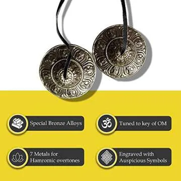 Tingsha Cymbals Tibetan Lucky Symbol Embossed Meditation Yoga Bell Chimes (Medium, Silver Vajra Symbol)