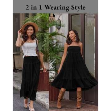 Zeagoo Women's Elastic High Waist A Line Layer Ruffle Swing Casual Long Maxi Skirt Black Medium