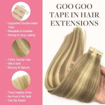 GOO GOO Tape in Hair Extensions Human Hair, 16/22 Light Blonde Highlighted Golden Blonde, 12inch 40g...