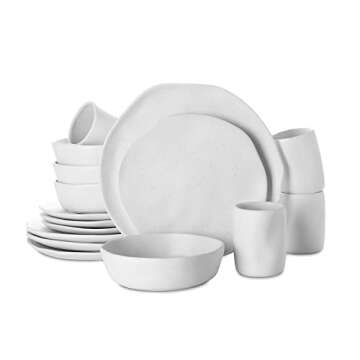 Stone by Mercer Project HEKONDA Modern Debossed Stoneware 16-Piece Dinnerware Set, Plate and Bowl Set, Dish Set for 4, White Speckled