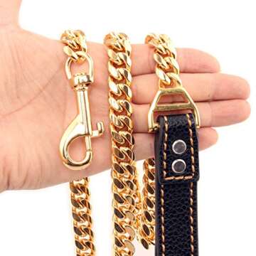 Petoo 3FT Dog Gold Chain Metal Dog Leash with Comfortable Padded Handle for Small Medium and Large Dogs, Heavy Duty Stainless Steel Cuban Link Anti Pull Dog Rope Leash