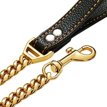 Petoo 3FT Dog Gold Chain Metal Dog Leash with Comfortable Padded Handle for Small Medium and Large Dogs, Heavy Duty Stainless Steel Cuban Link Anti Pull Dog Rope Leash