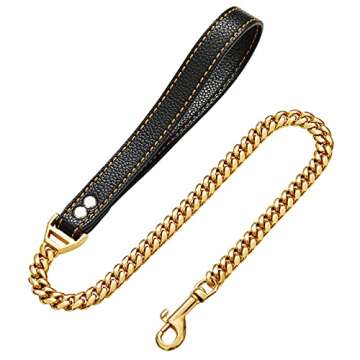 Petoo 3FT Dog Gold Chain Metal Dog Leash with Comfortable Padded Handle for Small Medium and Large Dogs, Heavy Duty Stainless Steel Cuban Link Anti Pull Dog Rope Leash