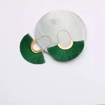Bohemian Silky Thread Tassel Statement Earrings in Green