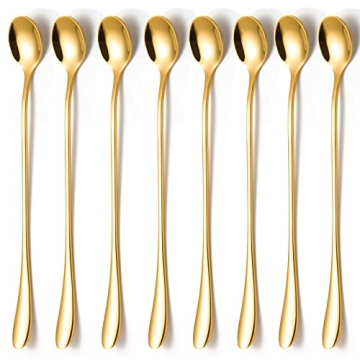 KITWARE Gold Ice Teaspoons Set of 8 Pieces, 7.7 inch Long Handle Spoon, Stainless Steel Coffee Spoon...
