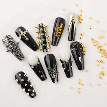 600Pcs Nail Art Punk Cone Metalic Spike Studs Sliver Black Gold Nail Art Tiny Stick Nail Art Alloy Rivet Studs Nail Art Decoration for DIY Manicure Tips Craft