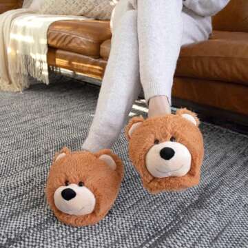 Everberry Fuzzy Bear Slippers - Plush Teddy Animal Slippers, 7-10.5