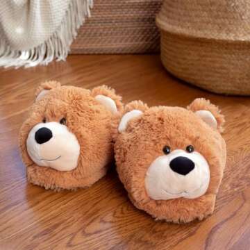 Everberry Fuzzy Bear Slippers - Plush Teddy Animal Slippers, 7-10.5