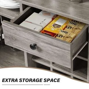 4ever2buy Farmhouse Coffee Bar Cabinet with Storage, Kitchen Buffet Storage Cabinet with Drawer, Wine Bar Cabinet with Barn Door, Gray Coffee Bar Table with Open Shelf for Dining Living Room