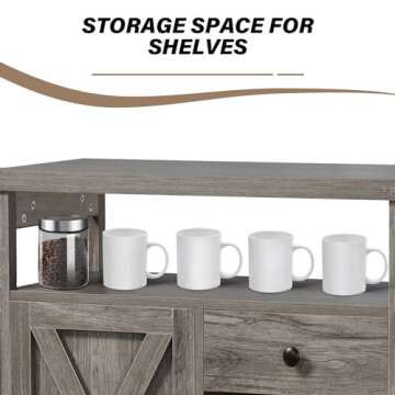 4ever2buy Farmhouse Coffee Bar Cabinet with Storage, Kitchen Buffet Storage Cabinet with Drawer, Wine Bar Cabinet with Barn Door, Gray Coffee Bar Table with Open Shelf for Dining Living Room