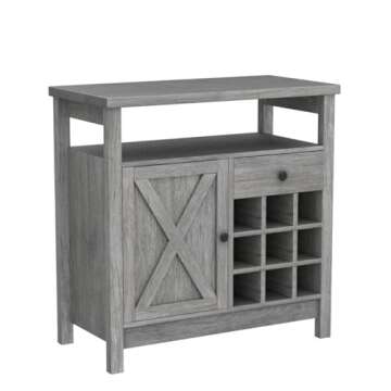 4ever2buy Farmhouse Coffee Bar Cabinet with Storage, Kitchen Buffet Storage Cabinet with Drawer, Wine Bar Cabinet with Barn Door, Gray Coffee Bar Table with Open Shelf for Dining Living Room