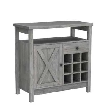 4ever2buy Farmhouse Coffee Bar Cabinet with Storage, Kitchen Buffet Storage Cabinet with Drawer, Wine Bar Cabinet with Barn Door, Gray Coffee Bar Table with Open Shelf for Dining Living Room