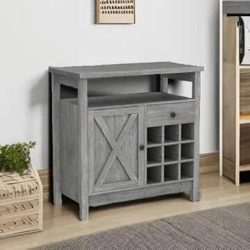 4ever2buy Farmhouse Coffee Bar Cabinet with Storage, Kitchen Buffet Storage Cabinet with Drawer, Wine Bar Cabinet with Barn Door, Gray Coffee Bar Table with Open Shelf for Dining Living Room