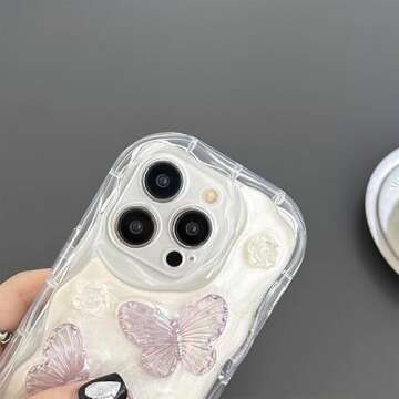 ZTOFERA Case for iPhone 15 Pro Max, Laser 3D Butterfly & Flower Pattern Cute Case for Girl & Women, Glitter Laser Glossy Soft Protective Shockproof TPU Bumper Phone Cover for iPhone 15 Pro Max - White