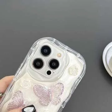 ZTOFERA Case for iPhone 15 Pro Max, Laser 3D Butterfly & Flower Pattern Cute Case for Girl & Women, Glitter Laser Glossy Soft Protective Shockproof TPU Bumper Phone Cover for iPhone 15 Pro Max - White