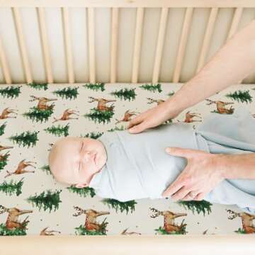 ACRABROS Crib Sheets for Girl Boy: Stretchy Baby Fitted Crib Mattress Sheets Sets 2 Pack Standard Size Ultra Soft Neutral, Blossom Deer&Green Leaf