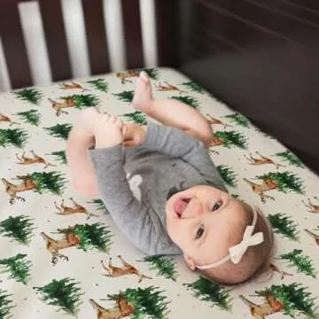 ACRABROS Crib Sheets for Girl Boy: Stretchy Baby Fitted Crib Mattress Sheets Sets 2 Pack Standard Size Ultra Soft Neutral, Blossom Deer&Green Leaf