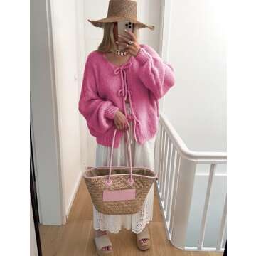 SKIKYAN Women Bowtie Oversized Knit Sweater Cardigan Y2K Long Sleeve V Neck Open Front Casual Knitwe...