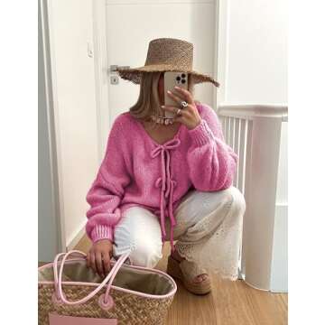 SKIKYAN Women Bowtie Oversized Knit Sweater Cardigan Y2K Long Sleeve V Neck Open Front Casual Knitwears(Rosered-XL)