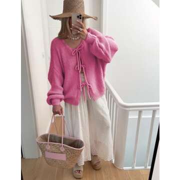 SKIKYAN Women Bowtie Oversized Knit Sweater Cardigan Y2K Long Sleeve V Neck Open Front Casual Knitwears(Rosered-XL)