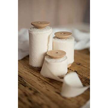 Ivory 1 inch wide 5 yds frayed edges handmade cotton ribbon hand dyed for Rustic wedding invitation ties favors gift wrapping Party decor bows Florist Bouquet supplies Flat lay props