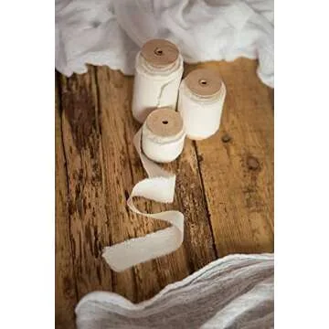 Ivory 1 inch wide 5 yds frayed edges handmade cotton ribbon hand dyed for Rustic wedding invitation ties favors gift wrapping Party decor bows Florist Bouquet supplies Flat lay props