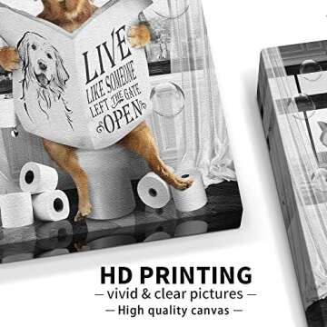 Blueyearn Bathroom Wall Decor Black and White Farmhouse Art Funny Dog Reading The Newspaper On Toilet Painting Picture Canvas Print Framed Artwork for Washroom Restroom 8''x10'' Golden Retriever