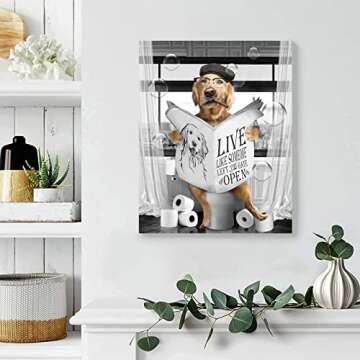 Blueyearn Bathroom Wall Decor Black and White Farmhouse Art Funny Dog Reading The Newspaper On Toilet Painting Picture Canvas Print Framed Artwork for Washroom Restroom 8''x10'' Golden Retriever
