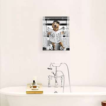 Blueyearn Bathroom Wall Decor Black and White Farmhouse Art Funny Dog Reading The Newspaper On Toilet Painting Picture Canvas Print Framed Artwork for Washroom Restroom 8''x10'' Golden Retriever