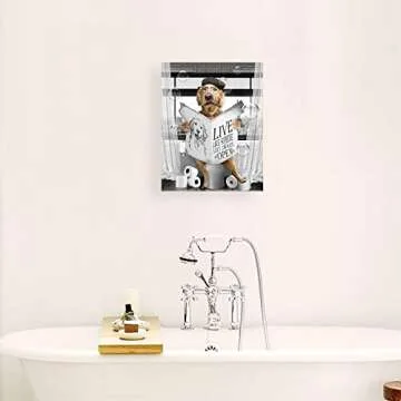 Blueyearn Bathroom Wall Decor Black and White Farmhouse Art Funny Dog Reading The Newspaper On Toilet Painting Picture Canvas Print Framed Artwork for Washroom Restroom 8''x10'' Golden Retriever