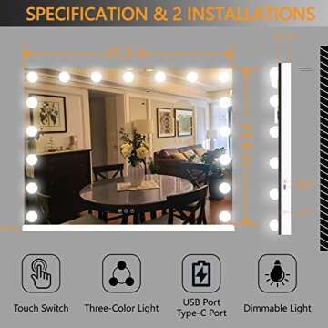 Hasipu Vanity Mirror with Lights, 31.5" x 23.6" Hollywood Mirror, Makeup Mirror with 17 Dimmable Bulbs and 10X Magnification, 3 Colors Modes, Touch Control, USB Charging Port, Type-C