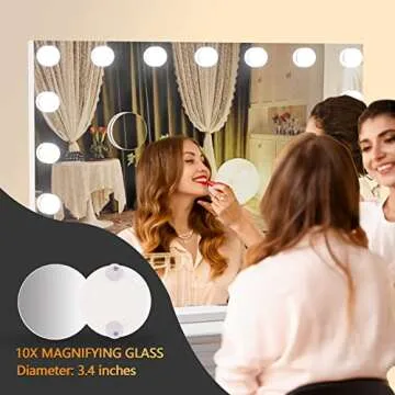 Hasipu Vanity Mirror with Lights, 31.5" x 23.6" Hollywood Mirror, Makeup Mirror with 17 Dimmable Bulbs and 10X Magnification, 3 Colors Modes, Touch Control, USB Charging Port, Type-C