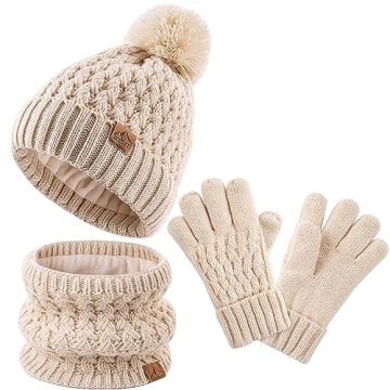 Kids Pompom Winter Beanie Hat & Scarf Gloves Set for Ages 3-9