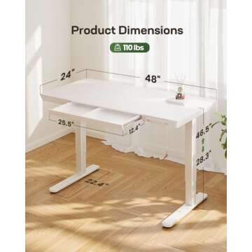 Marsail Standing Desk with Drawer, 48 x 24 inch Whole Piece Tabletop Electric Standing Desk, Height Adjustable Desk with USB Charging Ports, Sit Stand Desk with Storage for Home & Office White