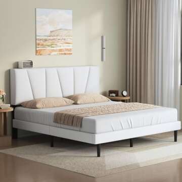 Twolike Queen Bed Frames with Headboard Upholstered Platforms Bed, Strong Weight Capacity,No Box Spring Needed,Mattress Foundation, Easy Assembly,White