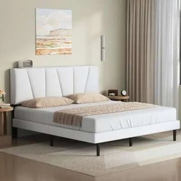 Twolike Queen Bed Frames with Headboard Upholstered Platforms Bed, Strong Weight Capacity,No Box Spring Needed,Mattress Foundation, Easy Assembly,White