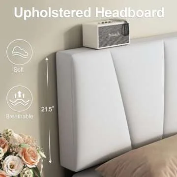 Twolike Queen Bed Frames with Headboard Upholstered Platforms Bed, Strong Weight Capacity,No Box Spring Needed,Mattress Foundation, Easy Assembly,White