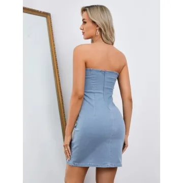 Floerns Summer Strapless Tube Denim Dress in Light Blue