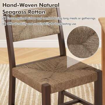 GOFLAME Wooden Dining Chairs Set of 4, Boho Farmhouse Cane Chairs with Natural Weave Seagrass Rattan Backrest & Seat, Armless Rattan Accent Chairs with Solid Wood Frame for Kitchen Dining Room