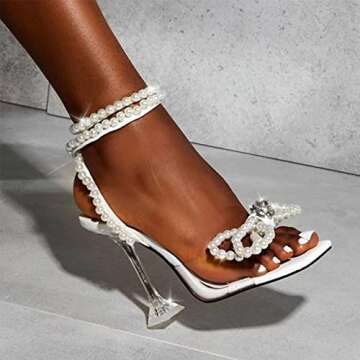 Yolkomo Women's Square Toe Clear Heels Ankle Strap Bow Heels White Pearl Heels for Women Wedding Transparent Stiletto High Heeled Sandals Size 10