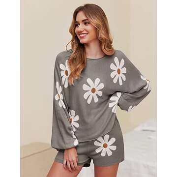 Ekouaer Knit Pajamas Set for Women Lounge Sets Long Sleeve Sweatsuit Matching 2 Piece Outfits Cute Sweater Sets Floral Grey M
