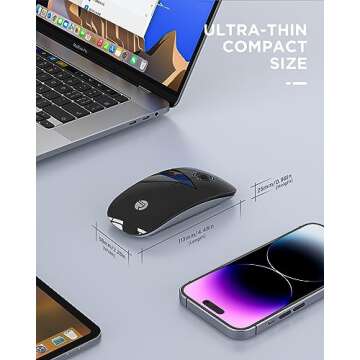 RAPIQUE Bluetooth Wireless Mouse - (BT5.1+USB) Slim Dual Mode Computer Mice with Quiet Click, Low Power, and 1600 DPI, Portable Mouse for MacBook, Laptop, iPad Pro/Air, Surface Pro (Black)
