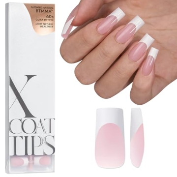 BTArtboxnails French Tip Press on Nails - XCOATTIPS White French Tip Nails, Pink Long Square Nail Ti...