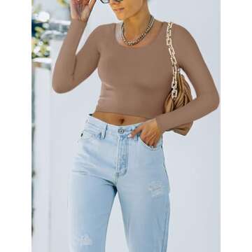 REORIA Women's Cute Long Sleeve Crew Neck Double Lined Going Out Crop Tops Fashion Tight T Shirts Sl...