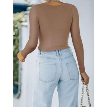 REORIA Women's Cute Long Sleeve Crew Neck Double Lined Going Out Crop Tops Fashion Tight T Shirts Slim Fit Basic Tee Tops for Teen Girls Latte Medium