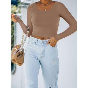 REORIA Women's Cute Long Sleeve Crew Neck Double Lined Going Out Crop Tops Fashion Tight T Shirts Slim Fit Basic Tee Tops for Teen Girls Latte Medium