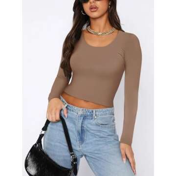 REORIA Women's Cute Long Sleeve Crew Neck Double Lined Going Out Crop Tops Fashion Tight T Shirts Slim Fit Basic Tee Tops for Teen Girls Latte Medium