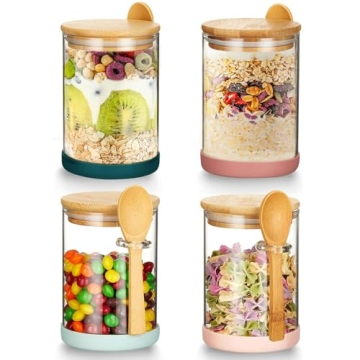 Mfacoy 4 Airtight Glass Jars with Bamboo Lids - 17oz